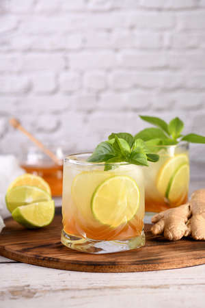 Refreshment organic non-alcohol cocktail. Honey ginger lemonade with a touch of basil flavorの写真素材