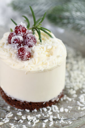 Mousse cakes with coconut cream and Greek yogurt over chocolate cake are the perfect dessert. Add whipped cream and berries. Treat friends and loved ones on Christmas or New Year's Eveの写真素材