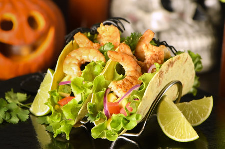Festive serving of Crispy Fried Shrimp Tacos for Halloweenの写真素材