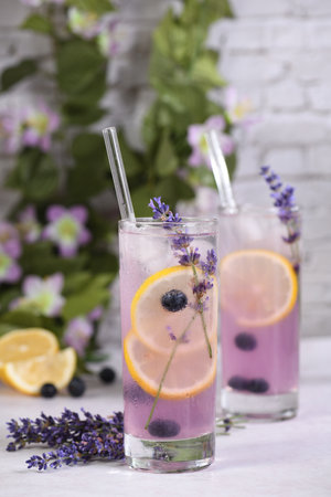 Summer refreshing non-alcoholic lavender spritz drink with blueberries.の写真素材