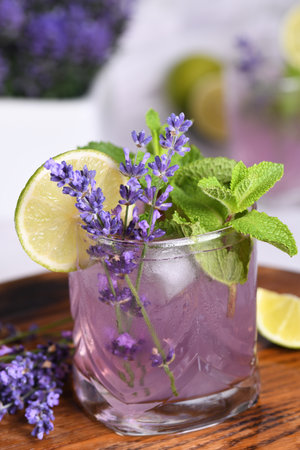 Mojito cocktail with lavender and mint aroma. Summer refreshing drinkの写真素材