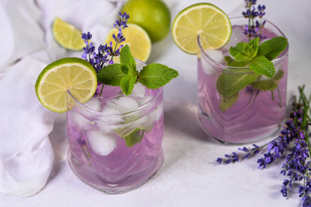 Mojito cocktail with lavender and mint aroma. Summer refreshing drinkの写真素材