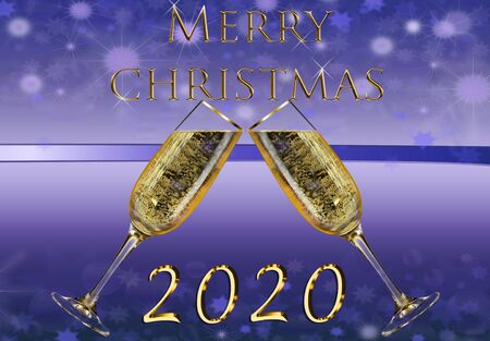 Beautiful golden words on blue background. Merry christmas 2020 cardの写真素材