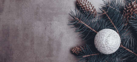 Beautiful holiday celebrate background with pine branch and golden and silver christmas toysの写真素材