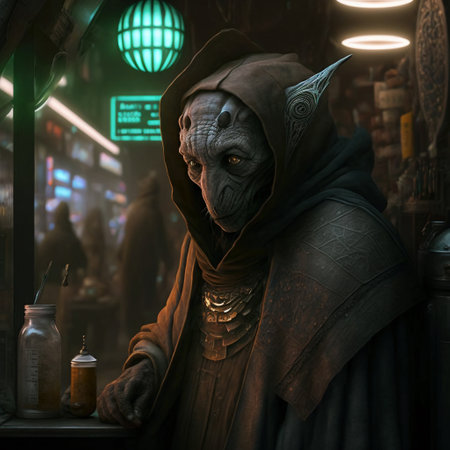 Futuristic alien market, semi-cyborg old merchant, dark tones, futuristic style
