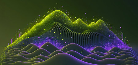 Data technology futuristic illustration. Wave of bright particles. Technological 3D landscape hyper...