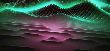 Data technology futuristic illustration. Wave of bright particles. Technological 3D landscape hyper...