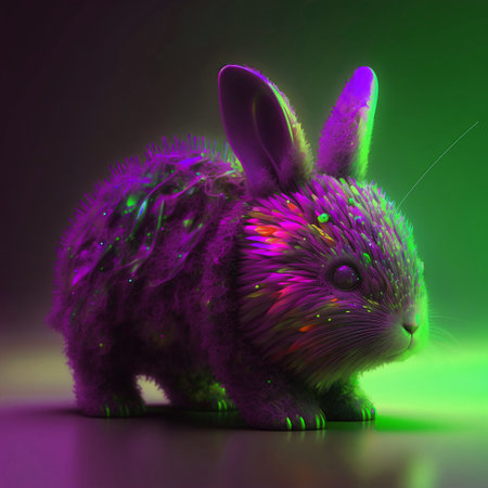 Abstract dark wallpaper with beautiful fluffy colorful rabbitの写真素材