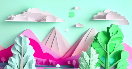 Beautiful origami style background. Abstract 3d paper cut landscapeの写真素材