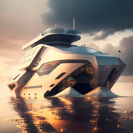Beautiful fantastic yacht background for art design. Futuristic ship on seaの写真素材