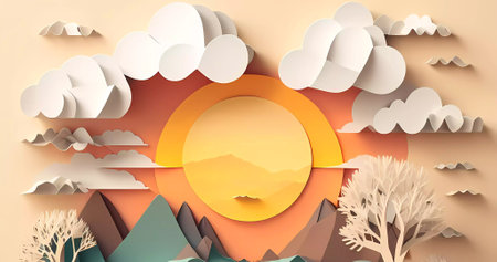 Beautiful origami style background. Abstract 3d paper cut landscapeの写真素材