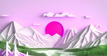 Beautiful origami style background. Abstract 3d paper cut landscapeの写真素材