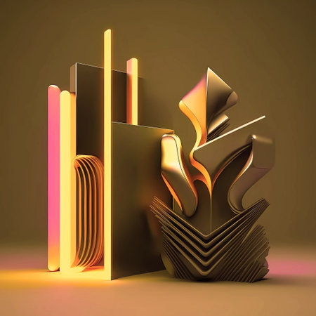 Abstract geometric 3d background with modern shapes and neon lighting. Beautiful art design for banner conceptの素材