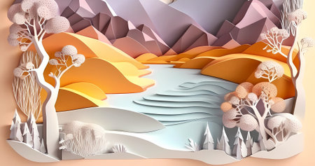 Beautiful origami style background. Abstract 3d paper cut landscapeの素材