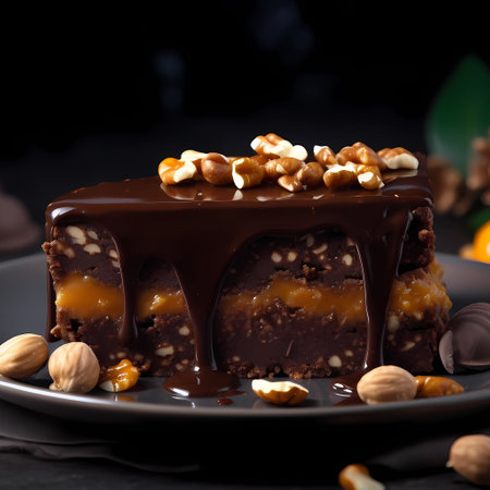 Beautiful tasty chocolate dessert with nuts and caramel on plate for modern menu concept. food backgroundの素材