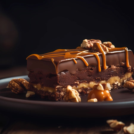Beautiful tasty chocolate dessert with nuts and caramel on plate for modern menu concept. food backgroundの素材