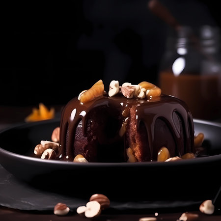 Beautiful tasty chocolate dessert with nuts and caramel on plate for modern menu concept. food backgroundの素材