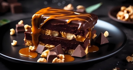 Beautiful tasty chocolate dessert with nuts and caramel on plate for modern menu concept. food backgroundの素材