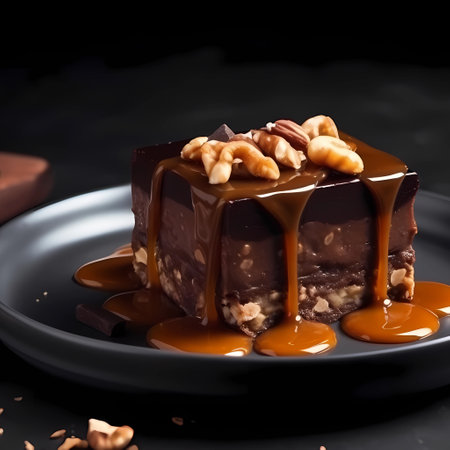Beautiful tasty chocolate dessert with nuts and caramel on plate for modern menu concept. food backgroundの素材