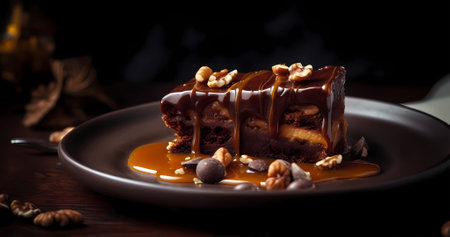 Beautiful tasty chocolate dessert with nuts and caramel on plate for modern menu concept. food backgroundの素材