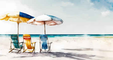 Beautiful watercolor beach concept with chairs and umbrella on sea shoreの素材