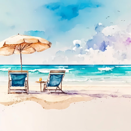 Beautiful watercolor beach concept with chairs and umbrella on sea shoreの素材