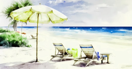 Beautiful watercolor beach concept with chairs and umbrella on sea shoreの素材