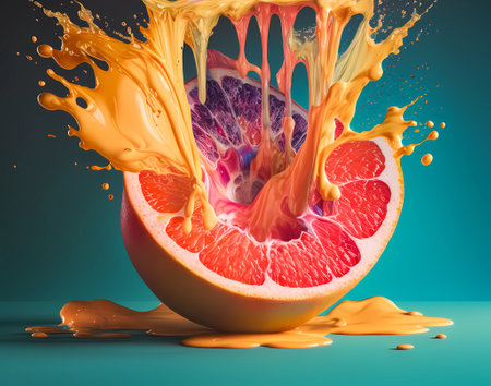 Beautiful grapefruit explosion with juice drops for art banner concept. modern food backgroundの素材