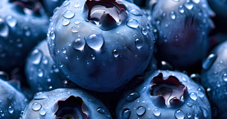 Blueberry berries close up, texture. Summer, vitamin, vegetarian, vegan, healthy food concept. Fresh blueberries with water drops backgroundの素材