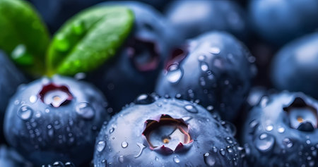 Blueberry berries close up, texture. Summer, vitamin, vegetarian, vegan, healthy food concept. Fresh blueberries with water drops backgroundの素材