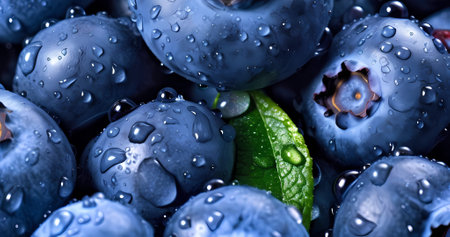 Blueberry berries close up, texture. Summer, vitamin, vegetarian, vegan, healthy food concept. Fresh blueberries with water drops backgroundの素材
