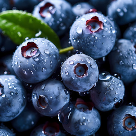 Blueberry berries close up, texture. Summer, vitamin, vegetarian, vegan, healthy food concept. Fresh blueberries with water drops backgroundの素材