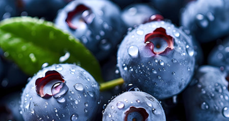 Blueberry berries close up, texture. Summer, vitamin, vegetarian, vegan, healthy food concept. Fresh blueberries with water drops backgroundの素材