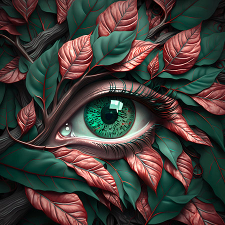 Abstract beautiful eye in leaves. modern creative art backgroundの素材