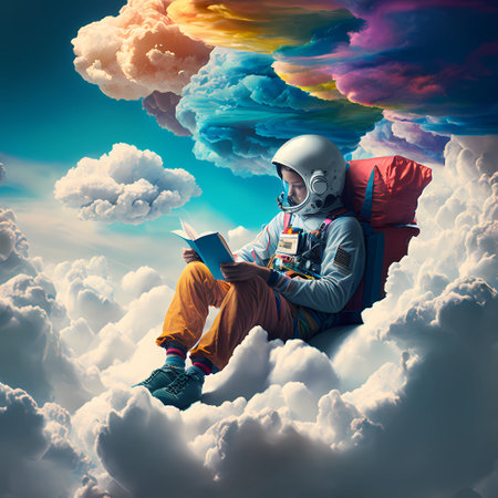 Abstract modern art with cosmonaut in the sky with book. Reading book on cloudsの素材