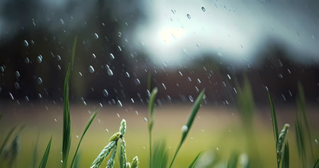 Beautiful garden background with sunrise, grass and trees. Fresh grass backdrop for art banner conceptの素材