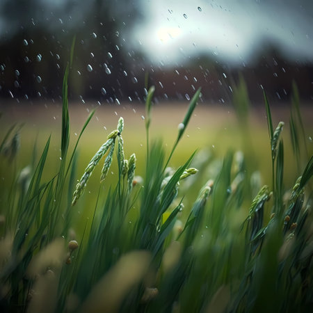 Beautiful garden background with sunrise, grass and trees. Fresh grass backdrop for art banner conceptの素材