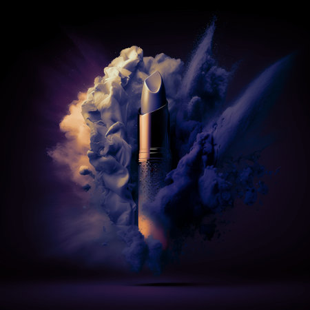 Beautiful lipstick banner concept with powder explosion. Makeup art backgroundの素材
