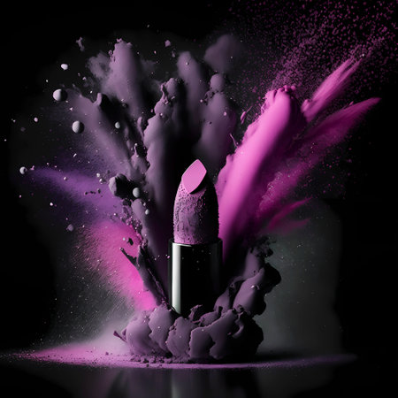 Beautiful lipstick banner concept with powder explosion. Makeup art backgroundの素材