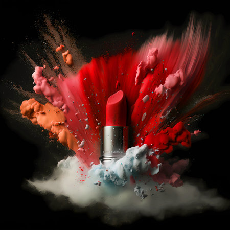 Beautiful lipstick banner concept with powder explosion. Makeup art backgroundの素材