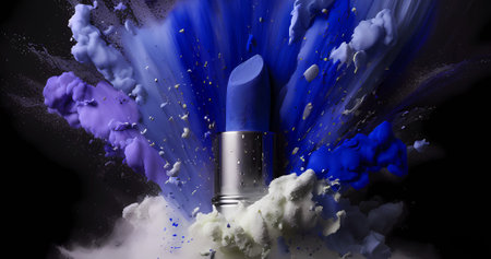 Beautiful lipstick banner concept with powder explosion. Makeup art backgroundの素材