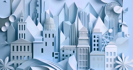 Beautiful paper cut style city background. Abstract 3d landscapeの素材