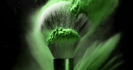 Beautiful makeup brush banner concept with powder explosion. Makeup art backgroundの素材