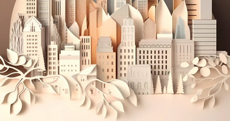 Beautiful paper cut style city background. Abstract 3d landscapeの素材