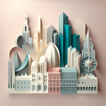 Beautiful paper cut style city background. Abstract 3d landscapeの素材