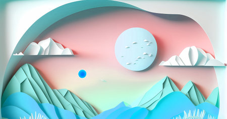 Beautiful paper cut style nature background. Abstract 3d modern landscapeの素材