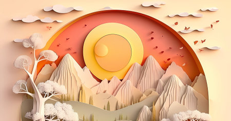 Beautiful paper cut style nature background. Abstract 3d modern landscapeの素材