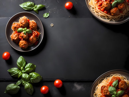 Spaghetti with basil and tomatoes on dark background with space for textの素材
