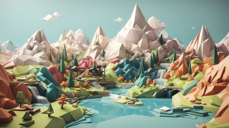 Abstract cartoon style 3d natural landscape renderの素材