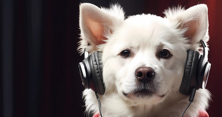 Beautiful white dog with headphones and microphone. Fantastic pet singerの素材